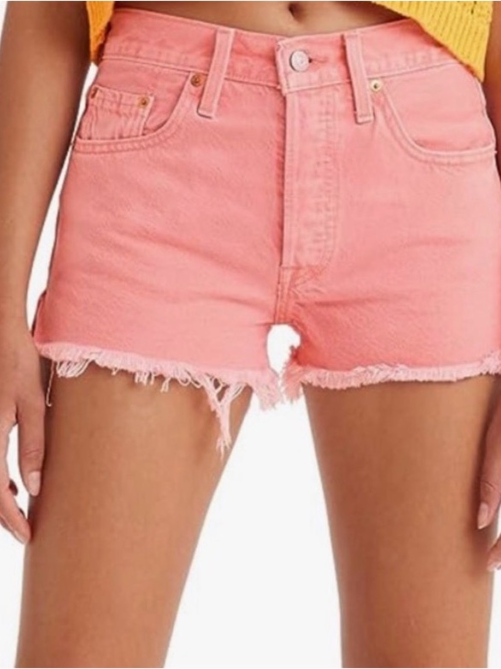 Levi's 501 Coral Pink High-Waist Frayed Denim Shorts